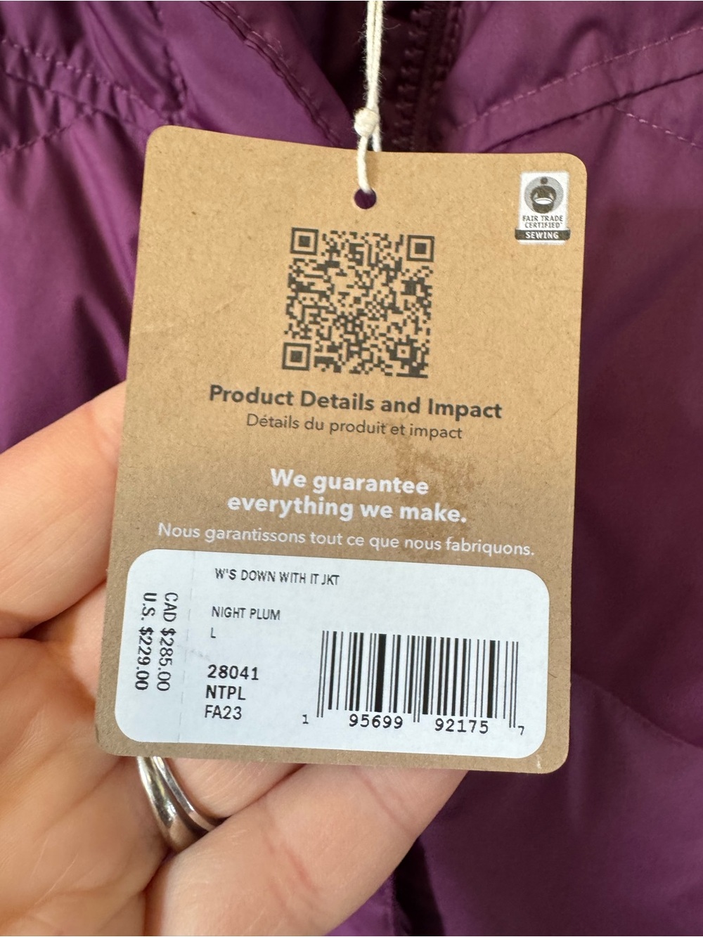 Patagonia Down With It Coat 600 Down Puffer Jacket Hooded Parka Plum Large NWT - Picture 4 of 10